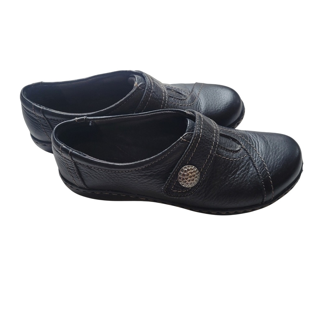 Clarks Bendables Black Leather‎ Loafers Button Strap Shoes 6.5